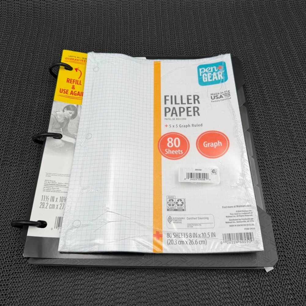 Five Star Refillable Graph Ruled Notebook Black & Pen+Gear Filler Paper Bundle